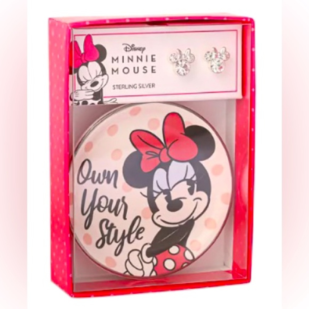 Disney Minnie Mouse Crystal Stud Earrings in Sterling Silver & Trinket Dish